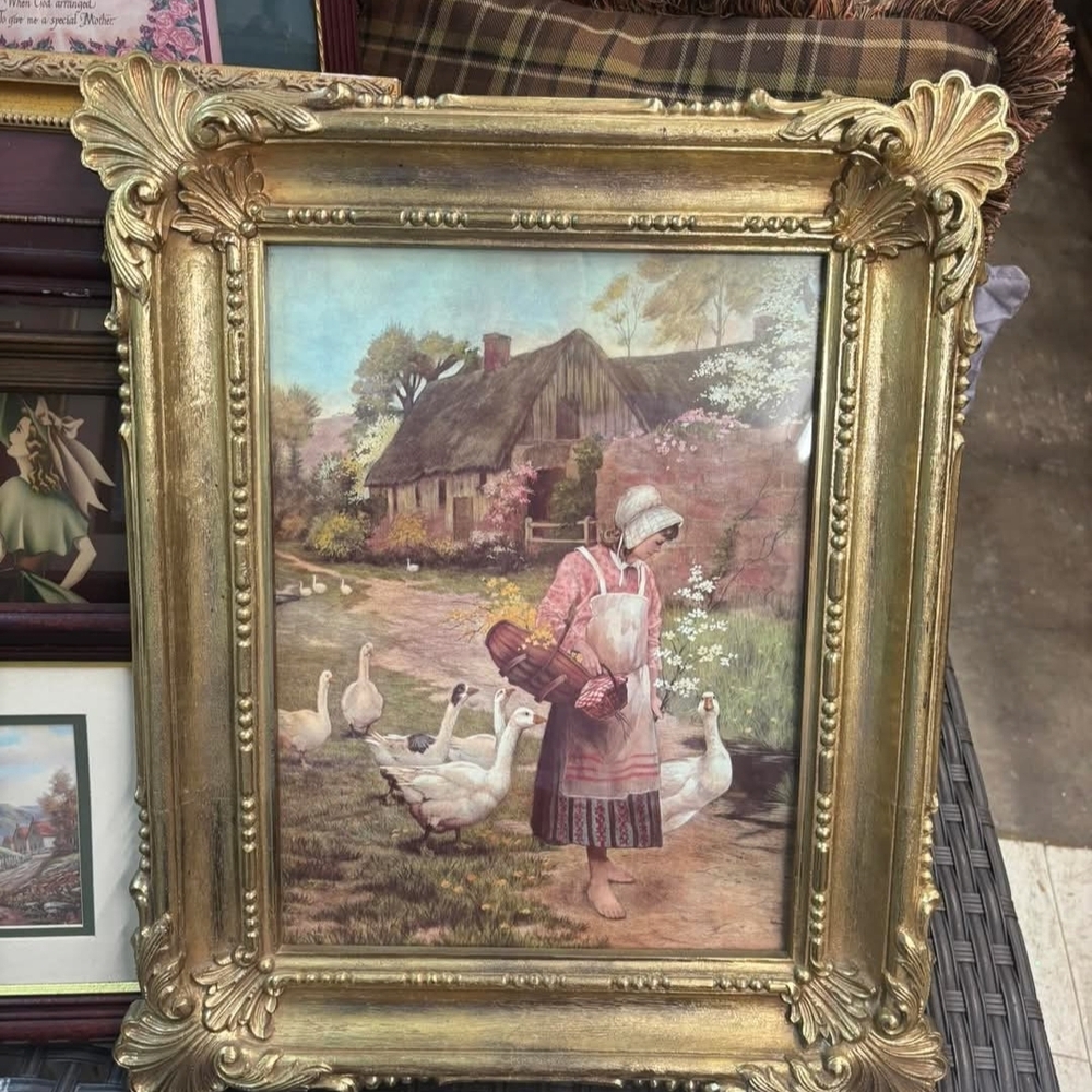 Vintage Country Cottage Lady with Geese Framed Art - Gold Frame